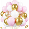 A bouquet of pastel pink and white latex balloons with metallic gold confetti accents.