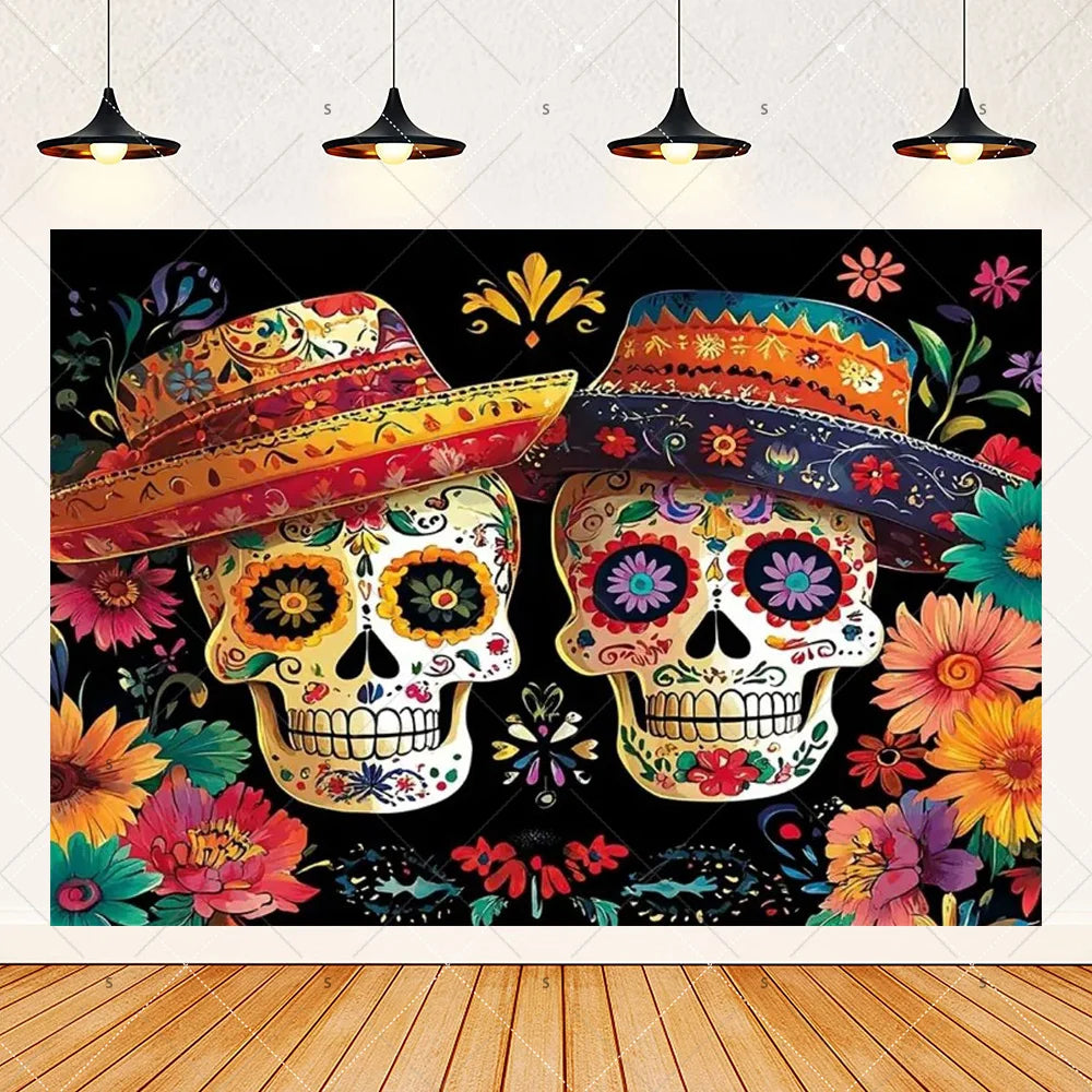 A vibrant Day of the Dead fiesta photo backdrop featuring colorful floral skull designs on a black background.