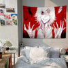 A large tapestry featuring a white-haired anime character with red accents and blood splatter on a red background.