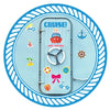 A set of magnets featuring a cruise ship, anchor, birthday cake, and tropical elements on a blue circular background.