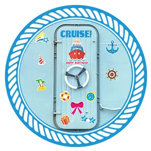 A set of magnets featuring a cruise ship, anchor, birthday cake, and tropical elements on a blue circular background.