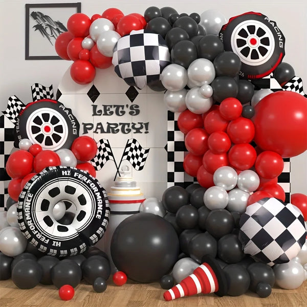 A balloon garland arch kit featuring red, black, and white latex balloons shaped like tires and other automotive themes.