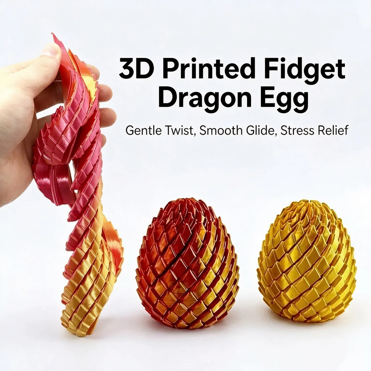A hand holds a 3D printed dragon egg toy made of reddish-orange and gold material.