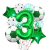 A set of green and silver foil balloons shaped like the number three and a soccer ball for birthday decorations