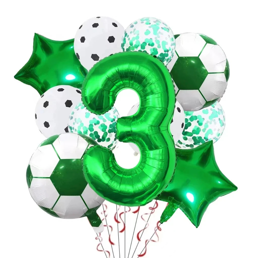 A set of green and silver foil balloons shaped like the number three and a soccer ball for birthday decorations