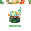 A dinosaur themed birthday party kit featuring a banner, balloons, and a cake topper.