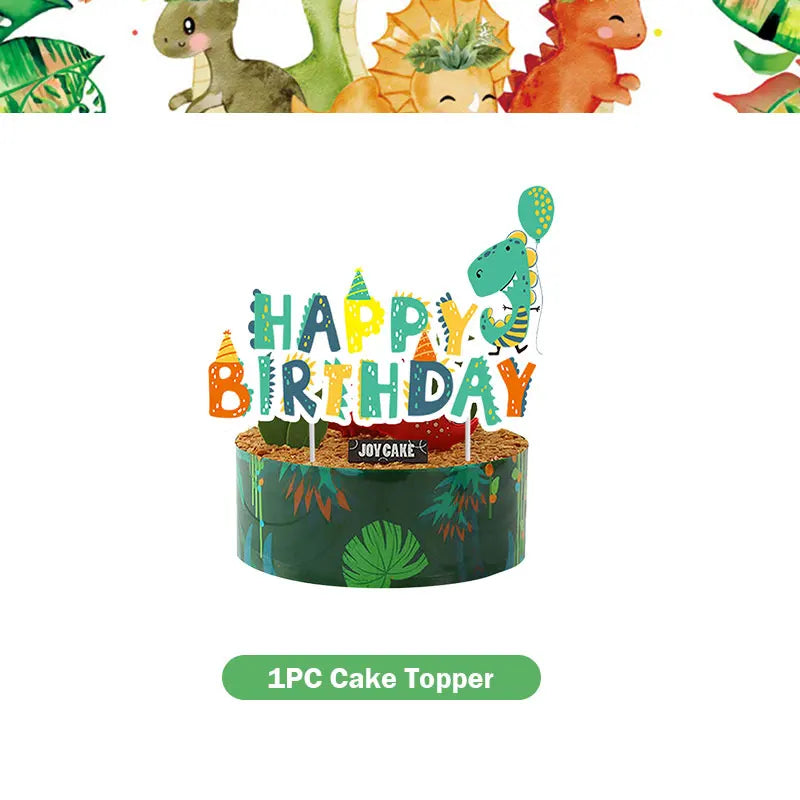A dinosaur themed birthday party kit featuring a banner, balloons, and a cake topper.
