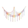 A colorful, netted toy hammock for stuffed animals and plushies, featuring various pastel colored strings.
