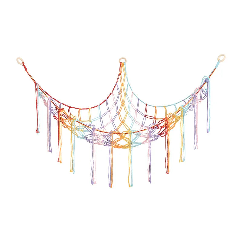 A colorful, netted toy hammock for stuffed animals and plushies, featuring various pastel colored strings.