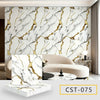 Marble peel-and-stick wall panels featuring gold veining on a white marble background