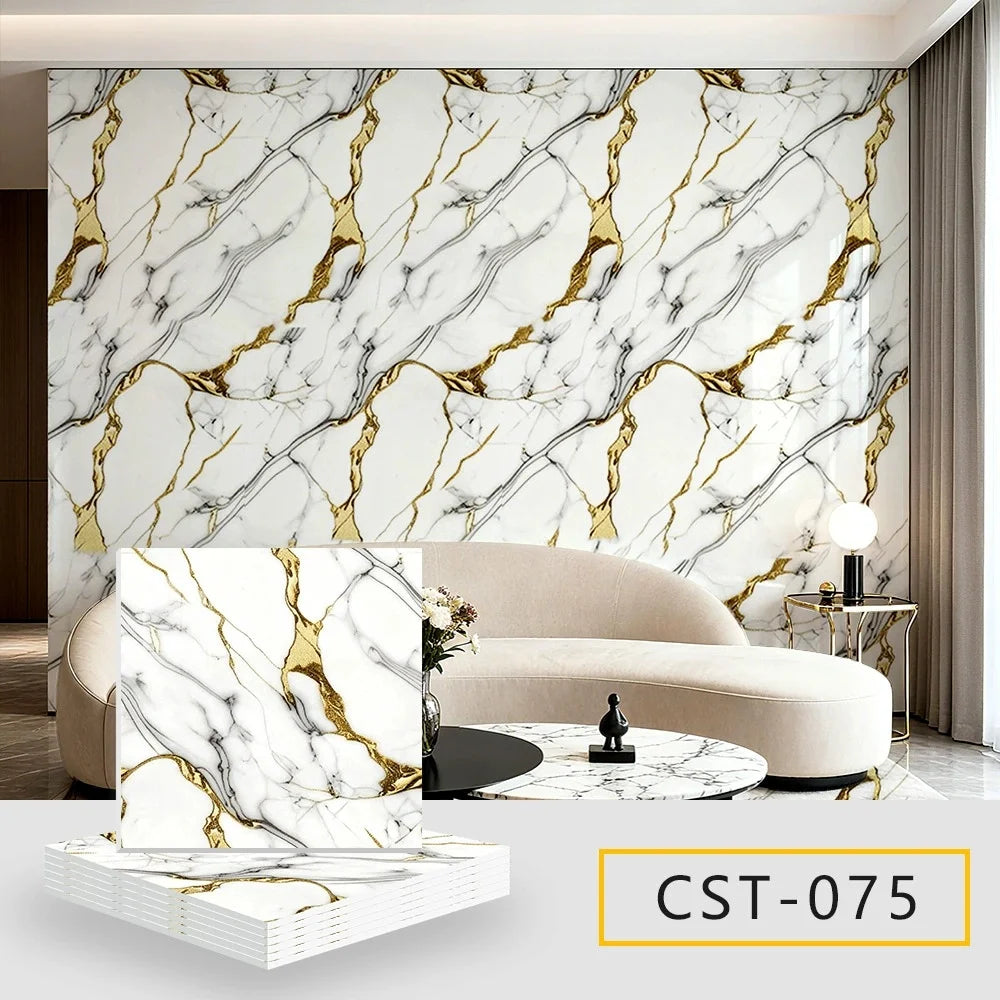 Marble peel-and-stick wall panels featuring gold veining on a white marble background