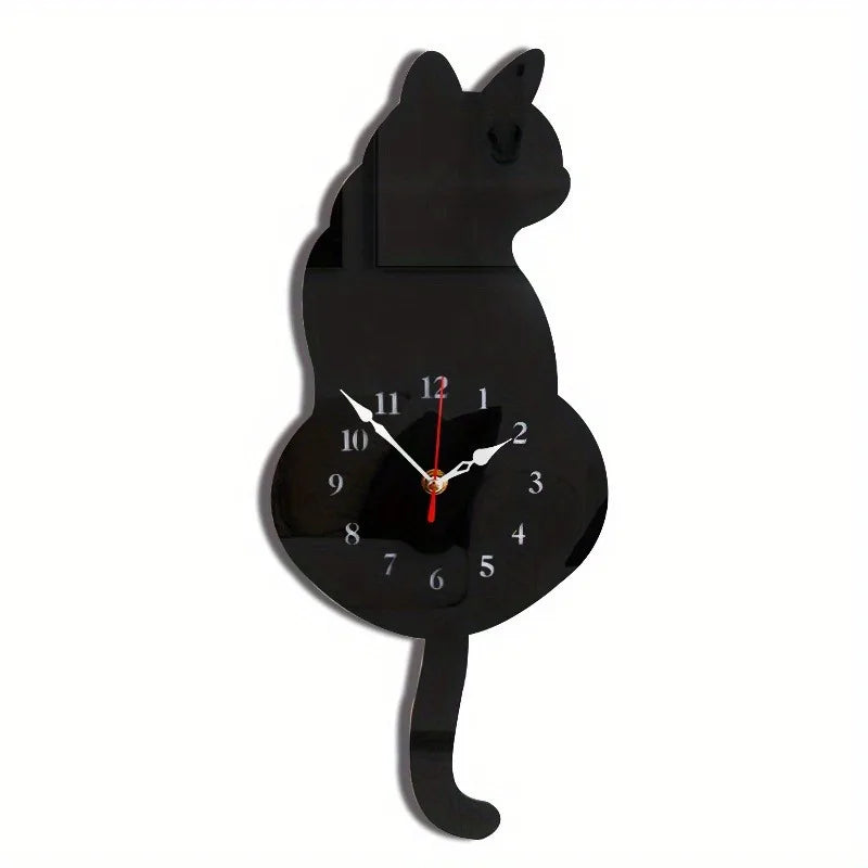 A black cat shaped pendulum wall clock with a moving tail.