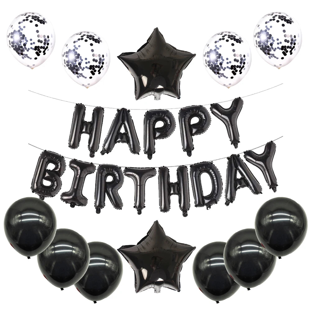 A set of black and silver foil letter balloons and star shaped balloons for a birthday party decoration