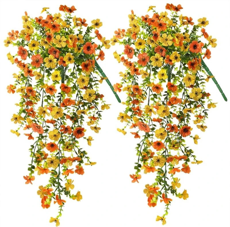 Deux bouquets de fleurs de glycine en rotin artificiel, dans des tons orange et jaune