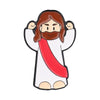 Enamel lapel pin depicting Jesus with a beard and long hair wearing a red sash.