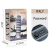 A classic book hidden safe with a combination lock labeled ITALY, featuring an Italian cityscape and a keypad.