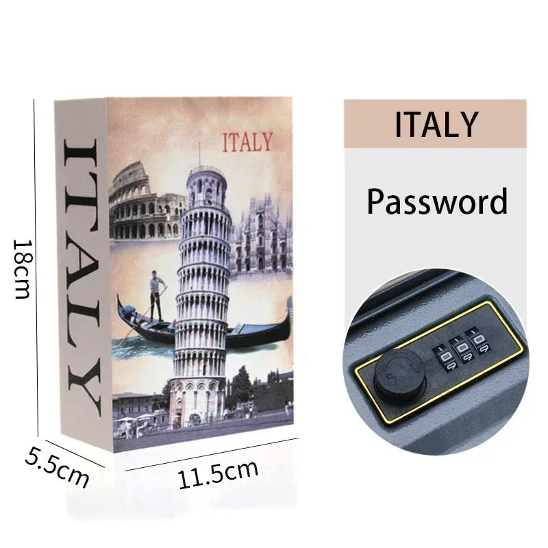 A classic book hidden safe with a combination lock labeled ITALY, featuring an Italian cityscape and a keypad.