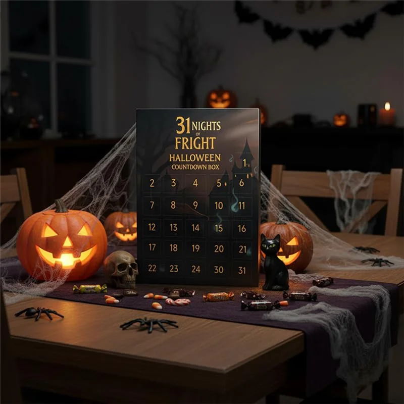 A dark wooden table displays a 31 Nights of fright countdown box with various Halloween-themed items like pumpkins skulls and