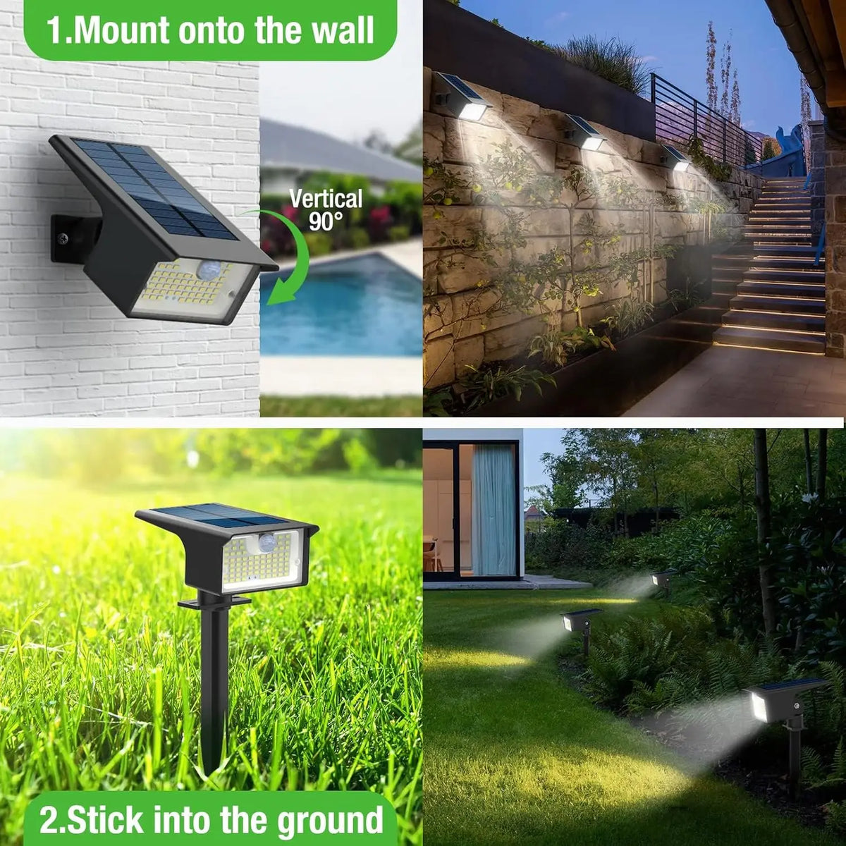 Installation guide showing how to mount solar powered motion sensor spotlights onto a wall and stick them into the ground.