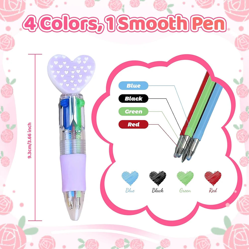 A set of four heart-shaped multicolor ballpoint pens in blue, black, green, and red.