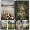 A set of four paintings depicting vintage countryside spring flowers and landscapes.
