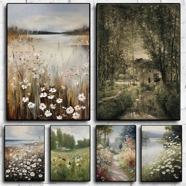 A set of four paintings depicting vintage countryside spring flowers and landscapes.