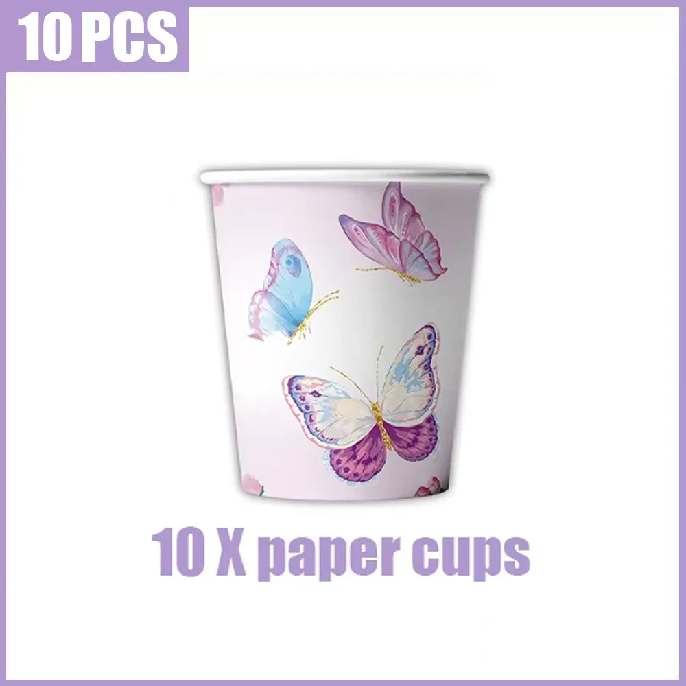 Ten paper cups featuring a butterfly design in shades of purple and pink.
