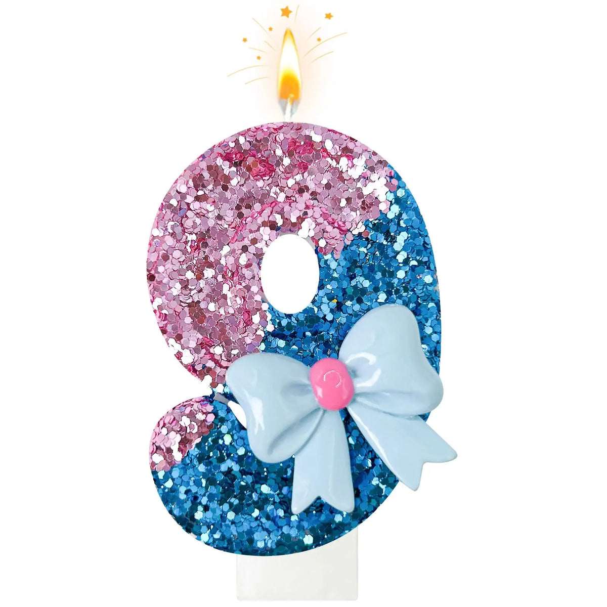 A large number eight made of glittery pink and blue confetti, topped with a lit candle and a light blue bow.
