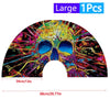 Large hand fan featuring a detailed skull design with vibrant, colorful, and intricate lines.