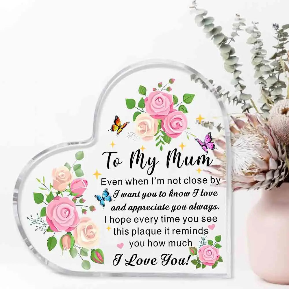 Heart-shaped acrylic keepsake plaque with pink roses and green foliage for a mother