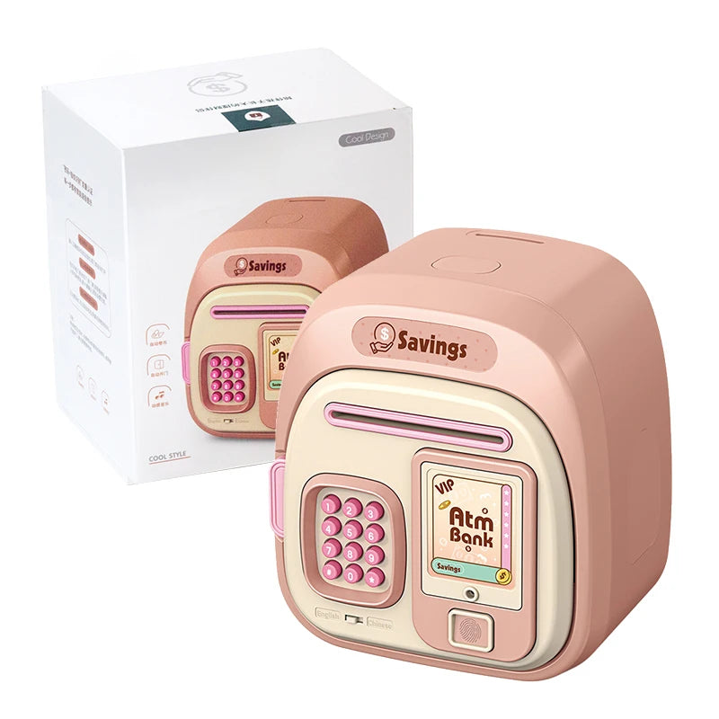 A pink fingerprint password piggy bank for kids is shown next to its retail box.