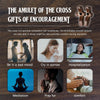 A handcrafted black walnut cross used for encouragement, shown in various contexts like meditation and comfort.
