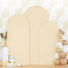 A set of three beige spandex wedding arch covers displayed against a light yellow patterned background.