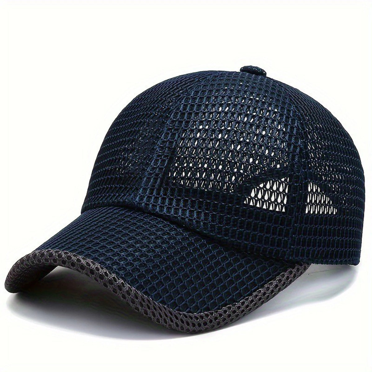 Dark blue breathable mesh baseball cap shown from above with a curved brim.