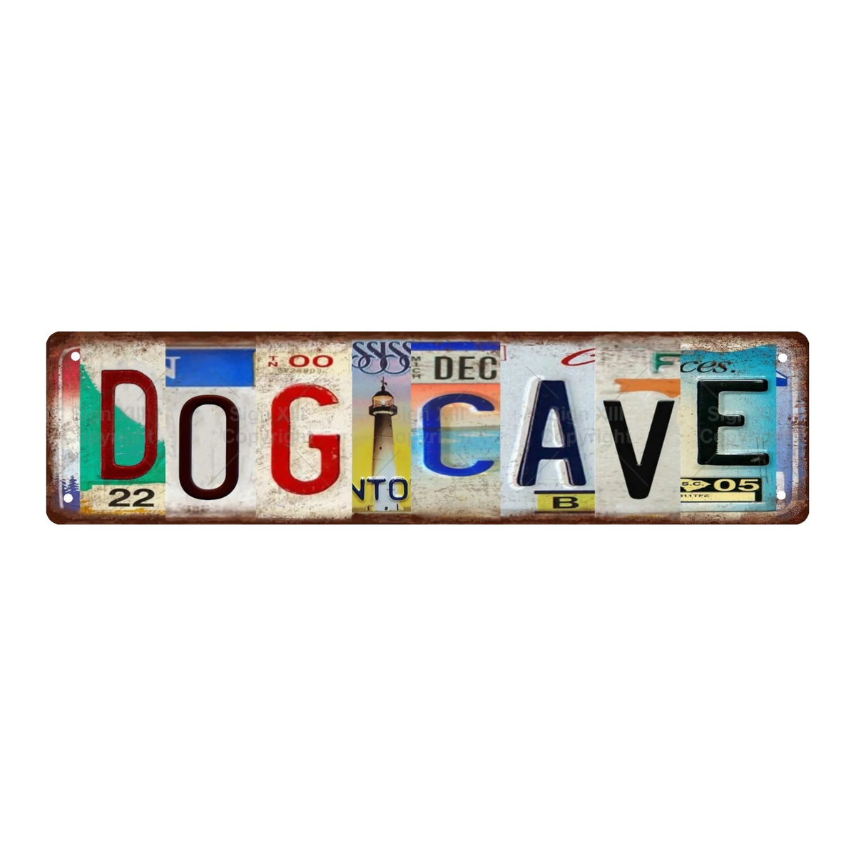 Vintage lowrider metal tin sign with the text DOGCAVE and various decorative elements.