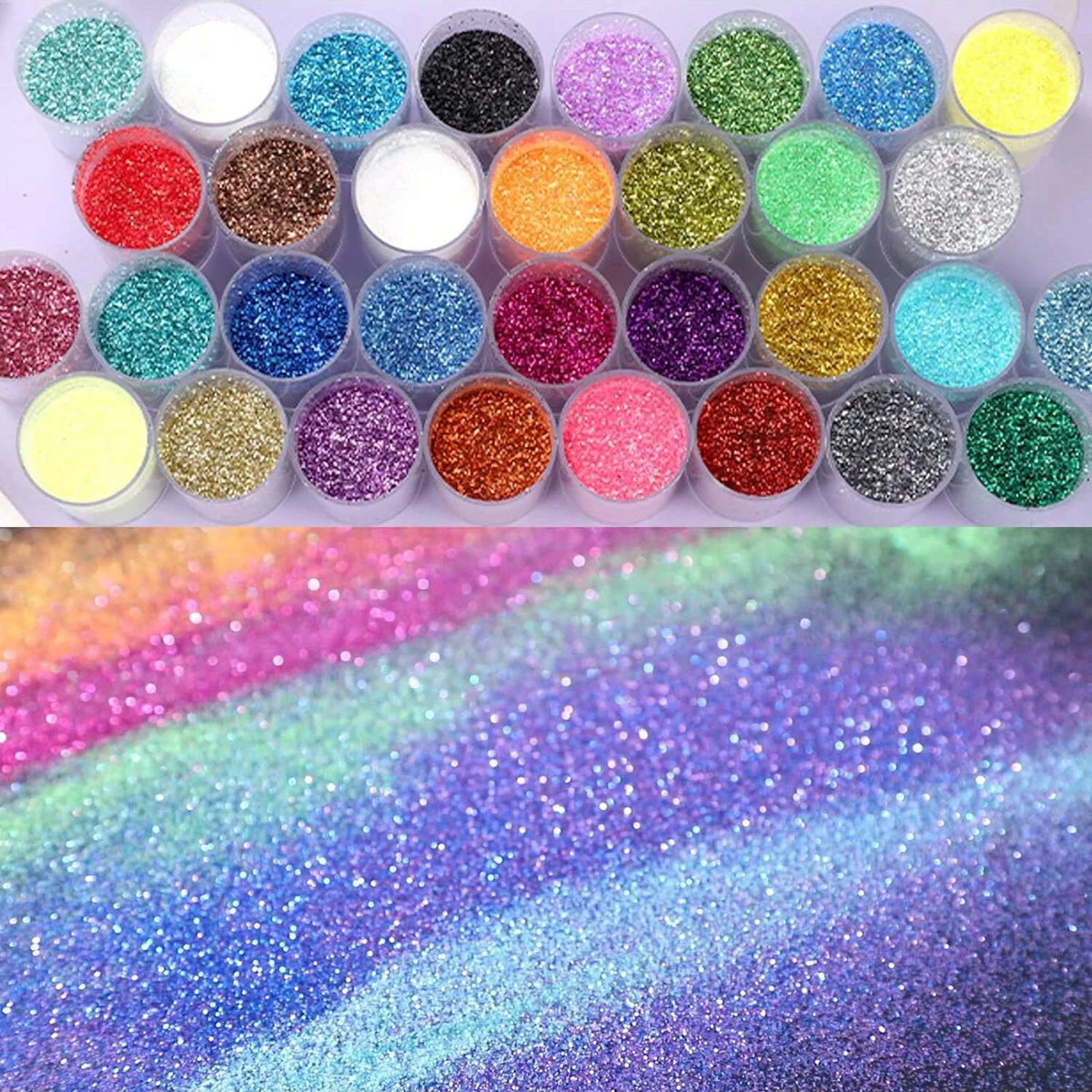A collection of 32 colorful glitter mixes in small containers for nail art and DIY crafts