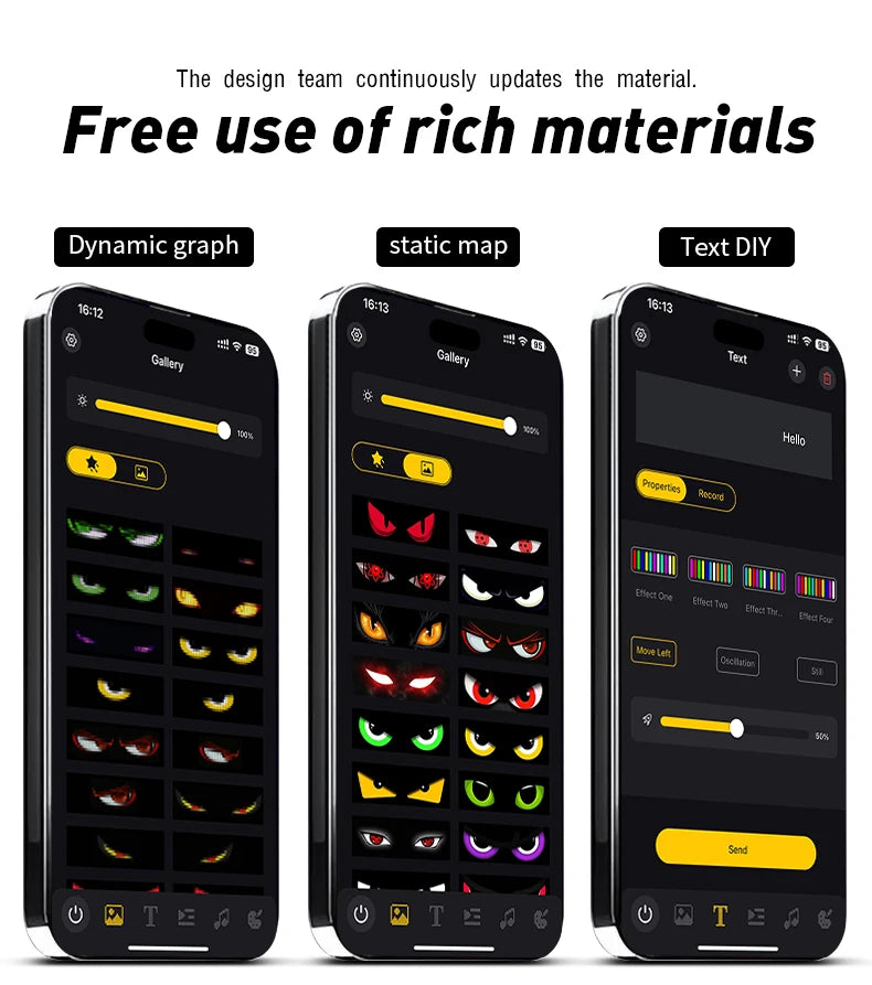 Three smartphone screens display dynamic, static, and text DIY graphics created from rich materials.