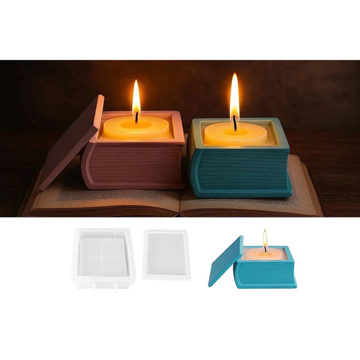 A lit candle in a pink holder rests on an open book, with an openable blue silicone mold beside it.