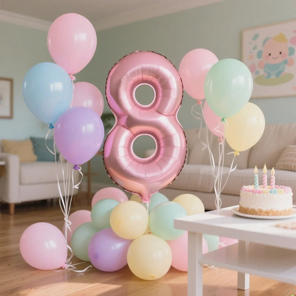 Une collection de ballons en feuille rose et bleu clair formant le chiffre huit, sur un fond intérieur doux.