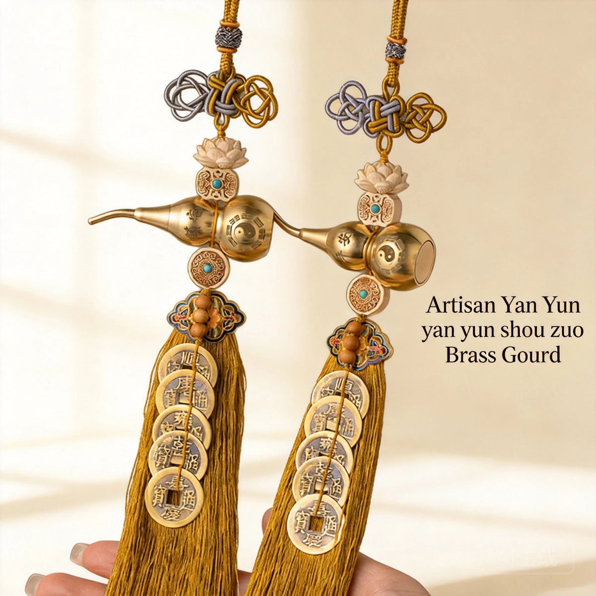 A pair of brass gourd and five emperor coins hanging ornament made of gold-toned metal.