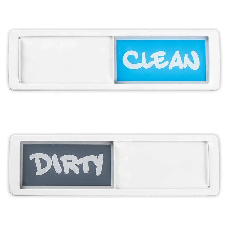 A white sign with two compartments, one labeled CLEAN in blue and the other labeled DIRTY in gray.