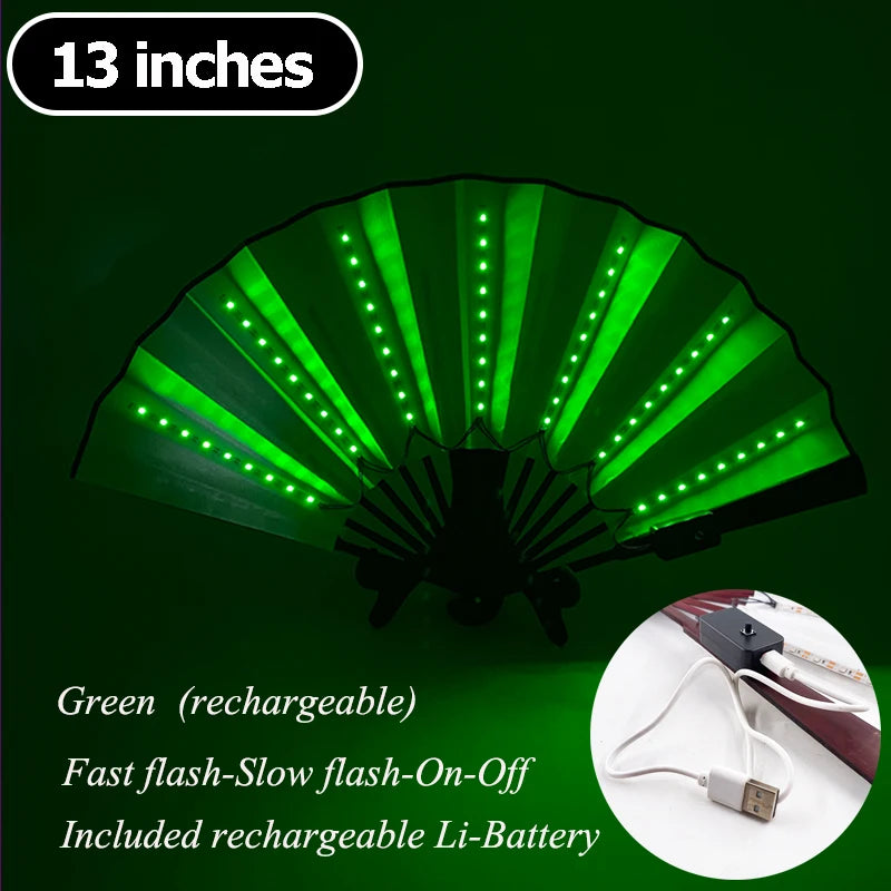 Green rechargeable LED party fan with a pleated design shown in a fan shape.