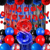A festive display of red, blue, and black foil balloons shaped like letters spelling birthday and a large spider balloon.