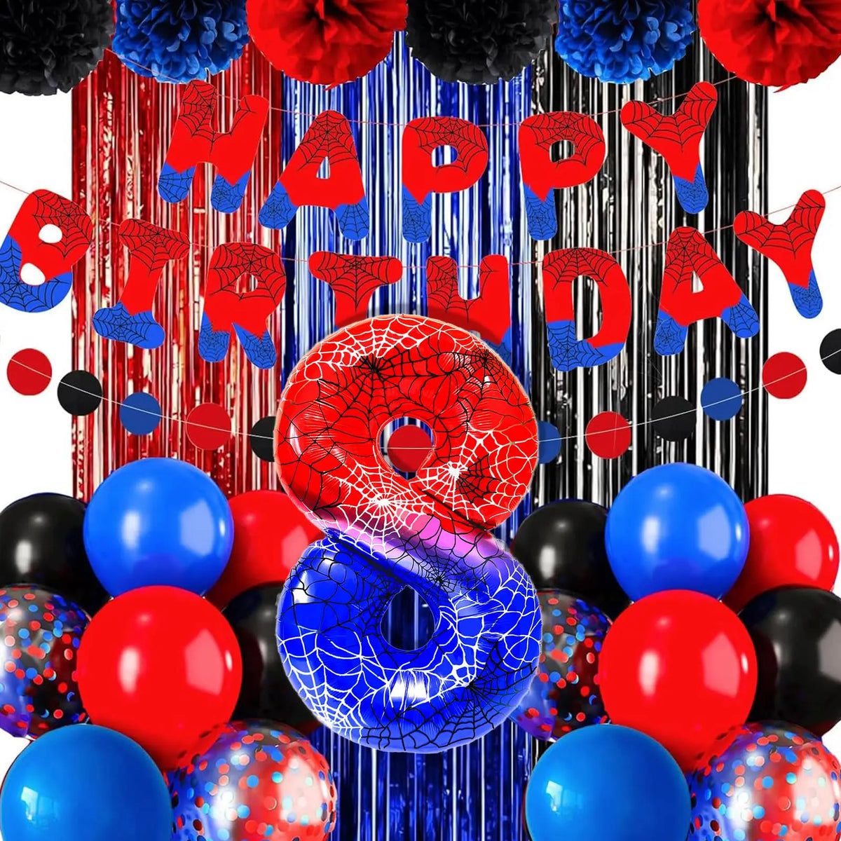 A festive display of red, blue, and black foil balloons shaped like letters spelling birthday and a large spider balloon.