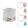 A roll of white Christmas gift tags featuring Santa Claus and festive designs on a white background.