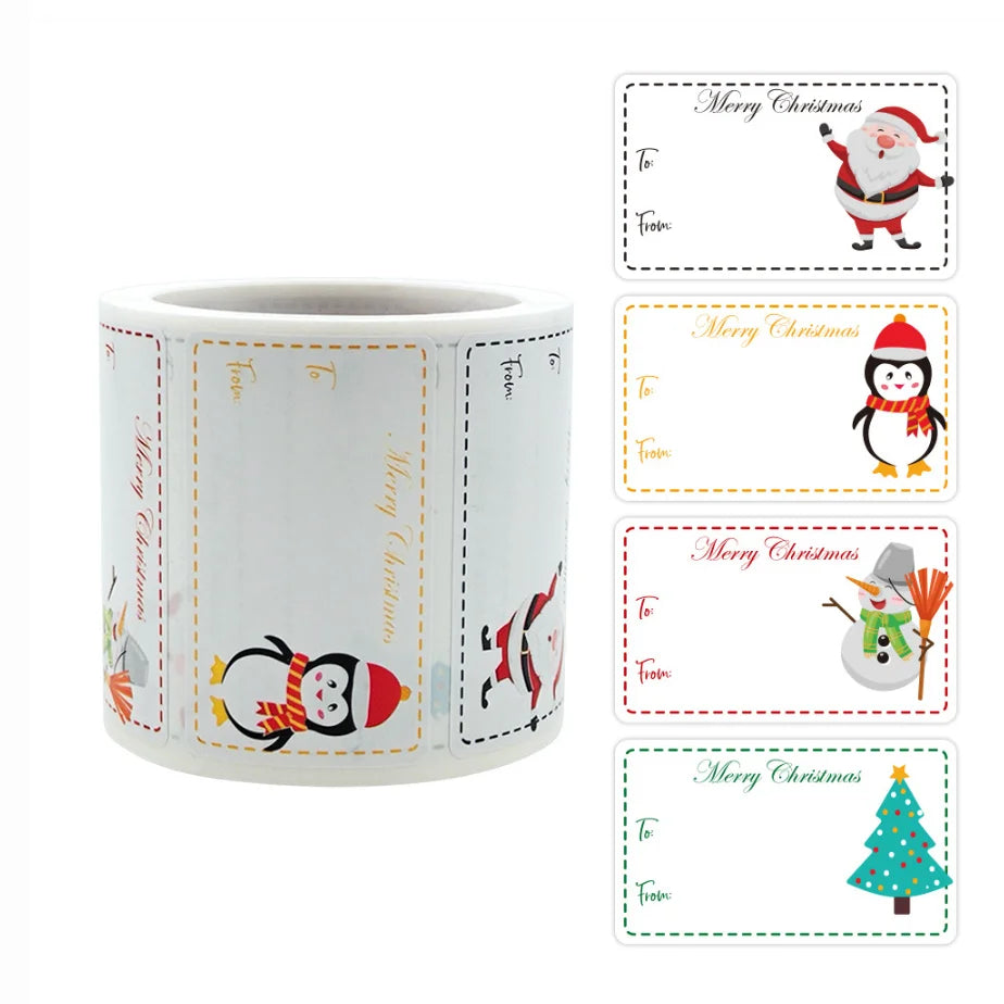 A roll of white Christmas gift tags featuring Santa Claus and festive designs on a white background.