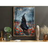 Canvas wall art depicting a dark witch with a pointed hat standing in a forest filled with red flowers and birds.