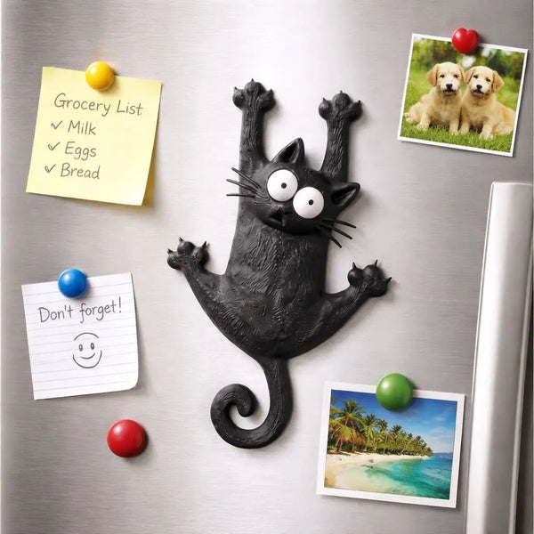 A black magnetic cat decal is attached to a stainless steel refrigerator, surrounded by grocery list notes and a picture of a