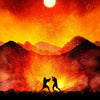 Un paisaje dramático y ardiente con figuras silueteadas luchando contra un cielo de atardecer naranja y rojo brillante.