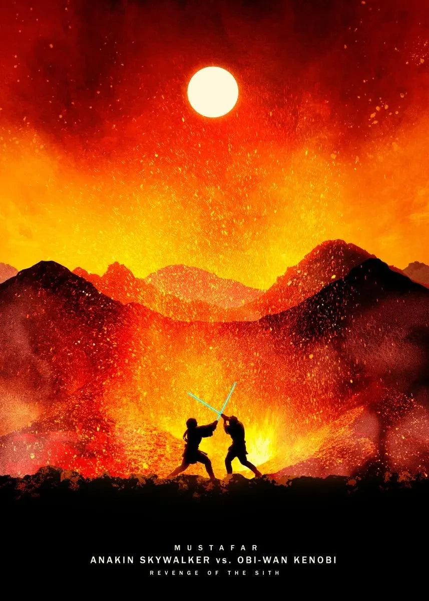 Un paisaje dramático y ardiente con figuras silueteadas luchando contra un cielo de atardecer naranja y rojo brillante.